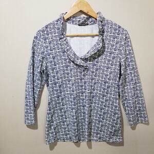 J. McLaughlin Top Medium Durham Ruffle Blue White 3/4 Sleeve Catalina Cloth